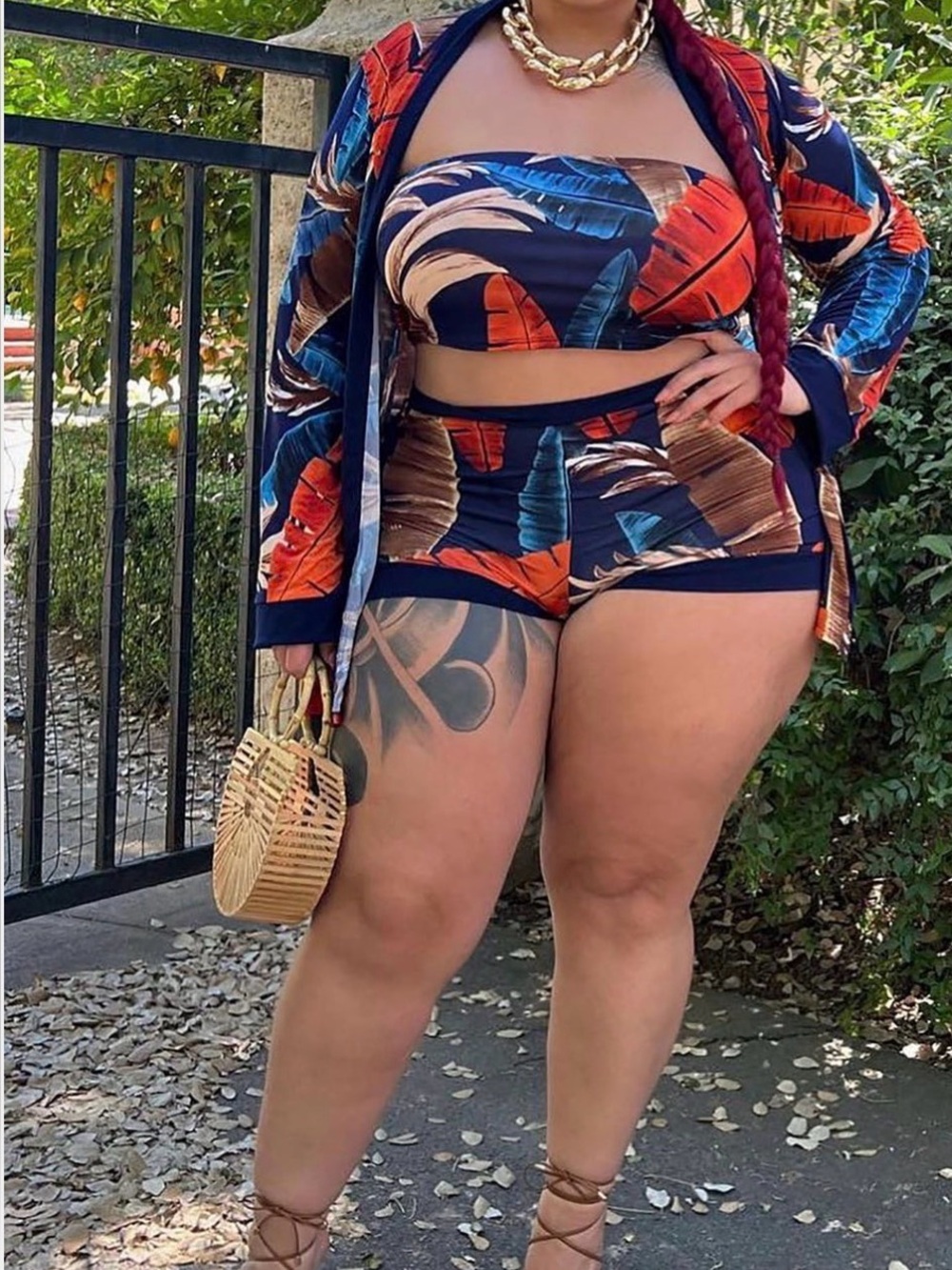 Fashion Nova Navy Tropical Leaf Print 3-Piece Set